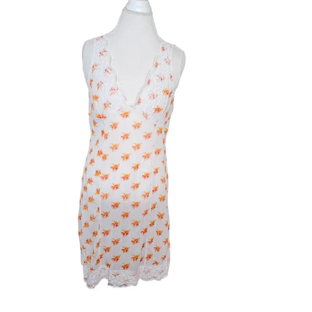 VTG Sheer‎ White Orange Floral Full Slip Sz M Lace Trim Poland 60s 70s Nylon